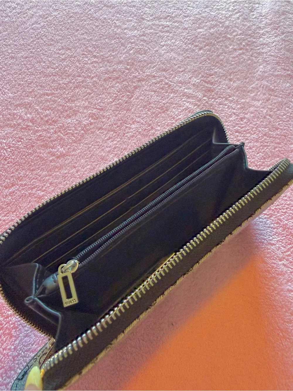 GUESS Monogram Zip Wallet in Gray with Gold Logo